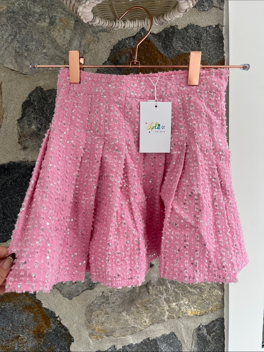 Lola + The Boys Pink Denim Sparkle Pleated Skirt